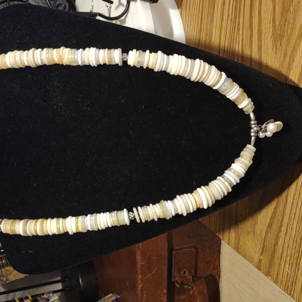 Vintage pearl button necklace with SS accents.